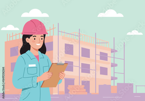 Female Construction Worker with Pink Hard Hat Holding Clipboard.