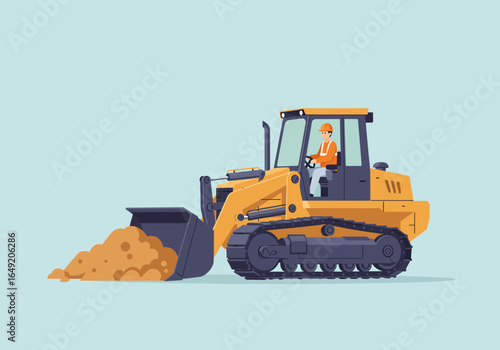 Yellow Bulldozer with Operator and Load of Dirt.