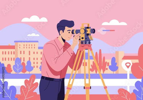 Surveyor Using Theodolite in Urban Landscape Illustration.