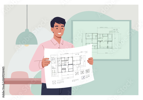 Smiling Architect Holding Blueprint of a House Design in an Office Setting.