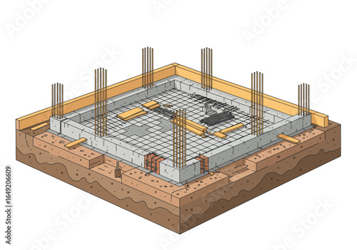 Construction Foundation Illustration with Rebar and Wooden Framing.
