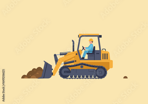 Yellow Bulldozer with Operator Scooping Soil Illustration.