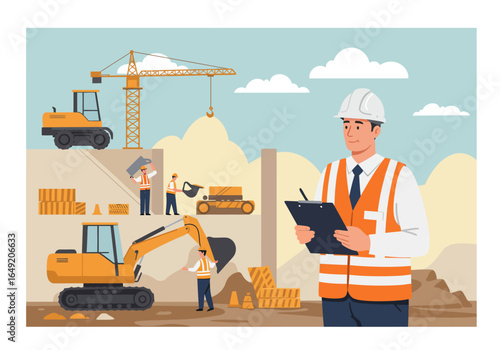 Construction Site Supervisor with Clipboard and Hard Hat Inspecting Work.