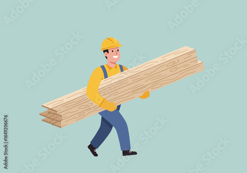Cartoon Construction Worker Carrying Stack of Wooden Planks.