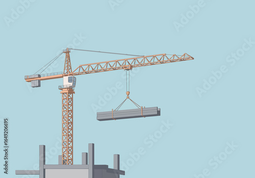 Construction Crane Lifting Steel Beams on a Building Site.