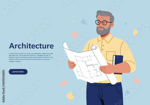 Architect with Blueprint: A Gray-Haired Man Inspecting Architectural Plans.