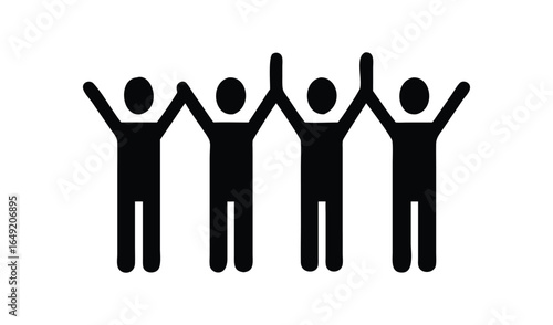 Four stick figures holding hands up in celebration and unity