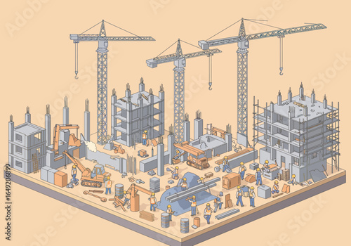 Isometric Construction Site with Cranes and Workers Illustration.
