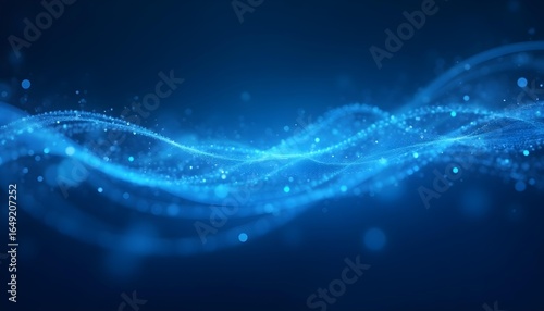 Abstract tech background with flowing lines and glowing dots in gradient blues, no metallic or chrome textures .