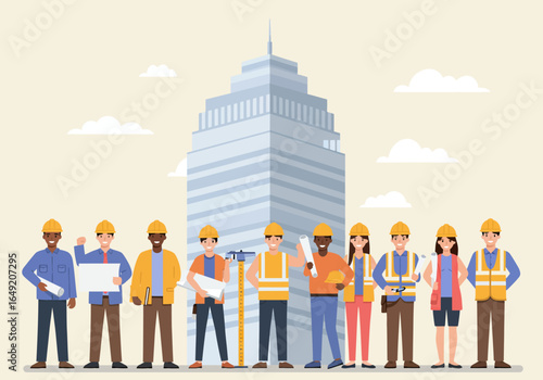 Diverse Team of Construction Workers with Yellow Hard Hats and Blueprints.