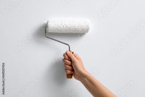 A hand holds a paint roller against a white wall