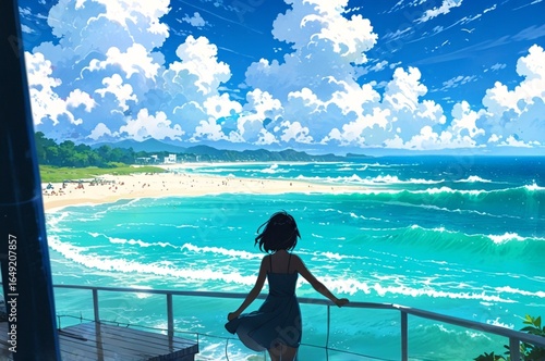 Bright, colorful anime beach scene, friends laughing, turquoise water, fluffy clouds, joyful mood