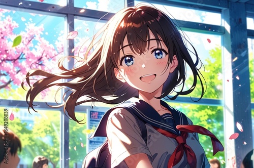 Soft watercolor anime scene, petals drifting through the air, girl in school uniform smiling, bright spring day