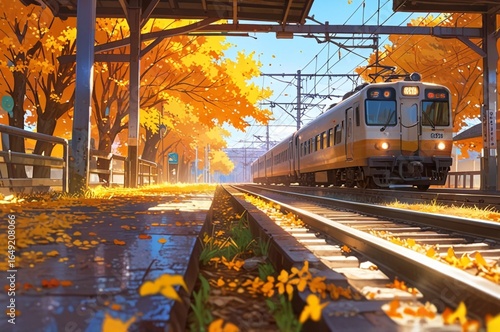 Nostalgic anime railway station, golden leaves falling, train approaching, warm autumn colors