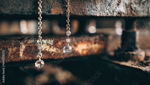 Delicate gold-toned earrings dangle from chains,  resting on a rusty metal surface