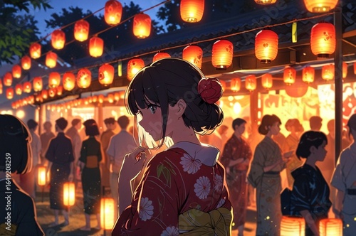 Vibrant anime summer festival, lanterns glowing, food stalls, yukata outfits, playful atmosphere