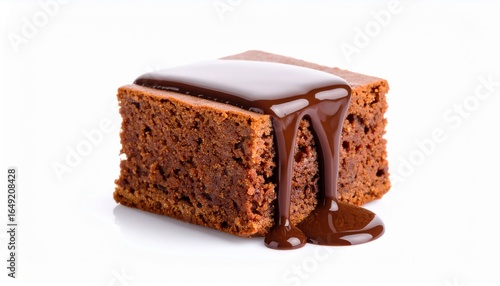 A decadent square chocolate fudge brownie with rich, glossy chocolate sauce dripping down the side, isolated on a white background.