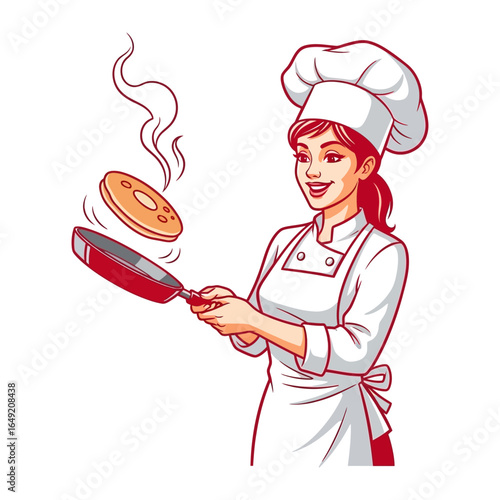 Culinary Craft: A skilled chef gracefully flips a pancake in the air with a charming smile, embodying the art of cooking