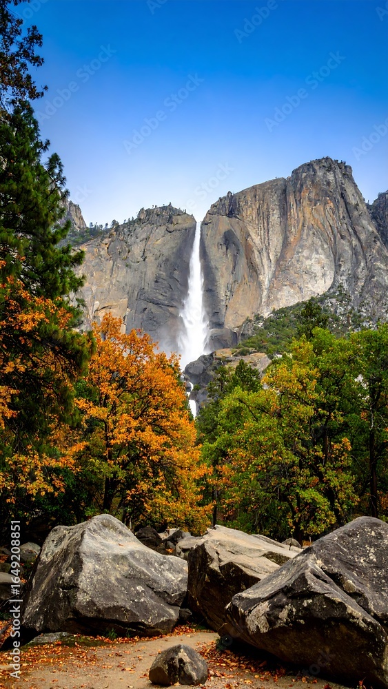 Obraz premium Majestic waterfall cascading down granite cliffs in autumnal forest