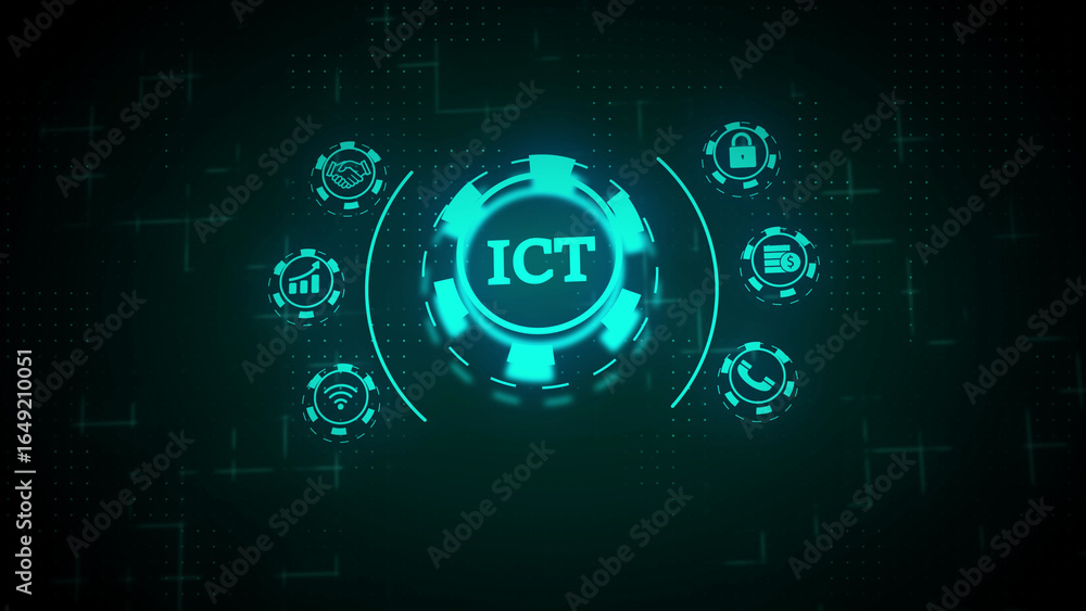 Fototapeta premium Cyan ICT certification icons with digital background