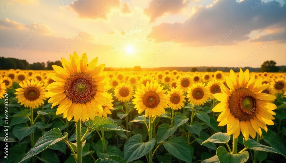 Fototapeta premium Golden hour sunlight bathes a vast field of sunflowers, creating a breathtaking scene of vibrant yellow and green Perfect for nature, summer, and agriculture themes , abundant, beautiful