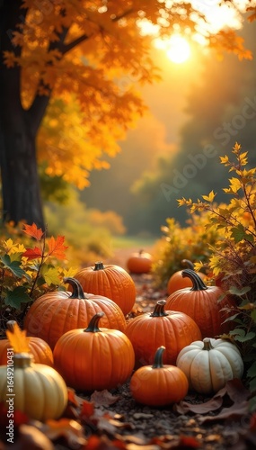 Golden hour sunlight bathes a bountiful autumn harvest scene; pumpkins, gourds, corn stalks, and vibrant fall leaves create a picturesque display of seasonal abundance , decoration, agriculture