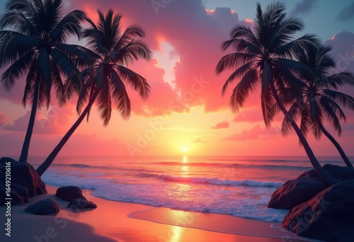 stunning sunset palm tree silhouette exotic tropical scene vibrant sky dreamy atmosphere relaxing afternoon, landscape, eve, view, color, dusk, clouds