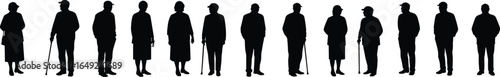 Silhouettes of elderly men and women standing in a row, some using walking canes, senior group on white background