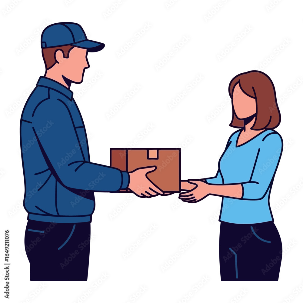 Fototapeta premium Package Delivery: A digital illustration captures a moment of service, a delivery man handing over a package to a recipient, symbolizing efficient logistics and fulfillment.