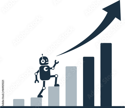 A robot climbs a bar chart with an arrow indicating growth isolated on white background