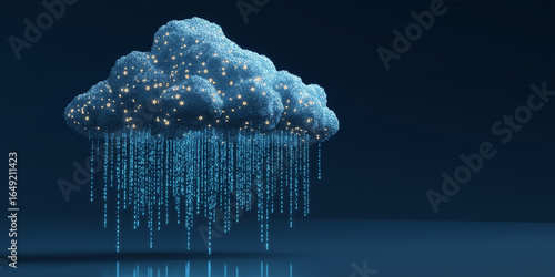 Glowing blue digital cloud raining binary code with light particles
