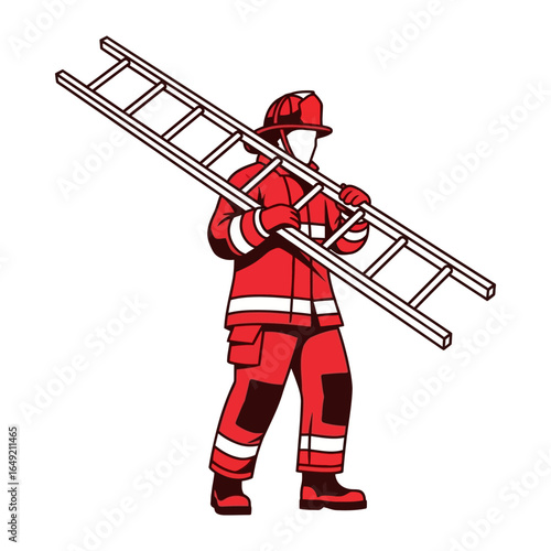 Firefighter with Ladder: A stoic firefighter, clad in vibrant uniform, confidently carries a sturdy ladder, embodying courage and readiness in the face of any challenge.