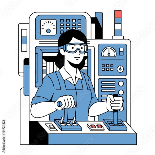 Precision Operator: A dedicated female operator diligently maneuvers complex machinery, safety glasses protecting her, in an illustrative display of expertise, control, and dedication. 