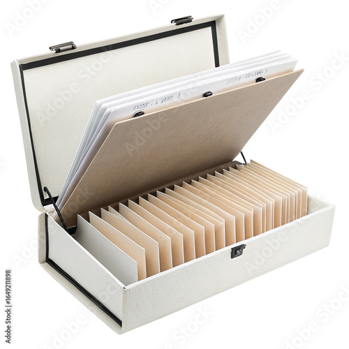 Open wooden box filled with organized files and folders for record keeping
