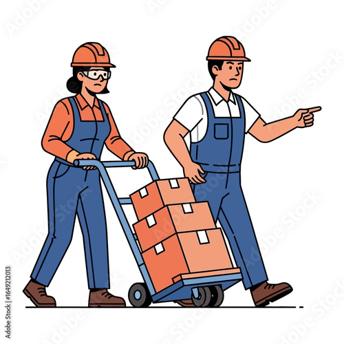 Working Together: A focused construction worker meticulously directs the progress as another skillfully maneuvers a hand truck laden with securely stacked packages.
