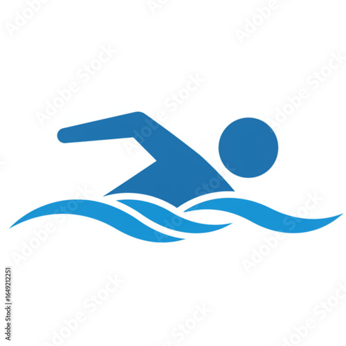 Dynamic swimmer icon glides through stylized blue waves, perfect for sports and recreation branding