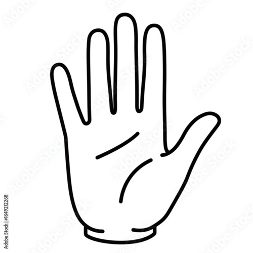 Simple black outline hand open with five fingers and palm lines, symbolizing communication or stop