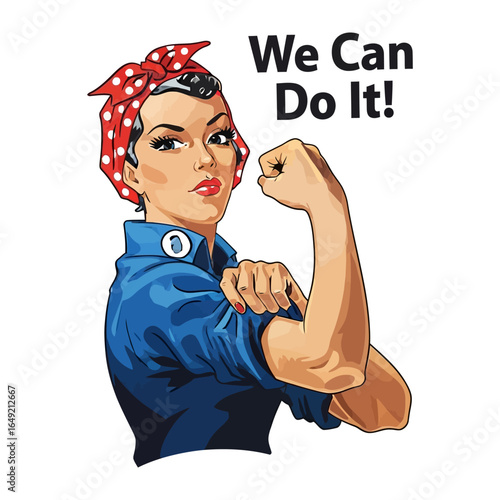 We Can Do It! Inspiring a Call to Action: An iconic image of a strong woman flexing her arm, her determined gaze and empowering slogan encapsulating the spirit of resilience and determination.