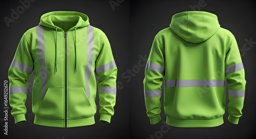 Vibrant lime green reflective safety hoodie ideal for high visibility work environments or outdoor activities ensuring enhanced wearer safety and comfort a practical apparel solution