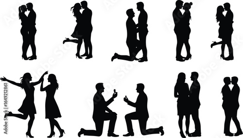 Silhouettes of romantic couples kissing, dancing, and proposing, black and white, love, relationship, engagement, passion, happy moments, emotions, togetherness