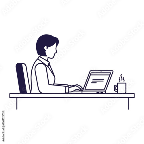 Busy at the Desk: A focused woman in a minimal setting, is deeply engrossed in her work, with the steam from the hot drink adding a touch of warmth. The design conveys focus and dedication.