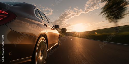 Luxury black car driving on countryside road at sunset with motion blur
