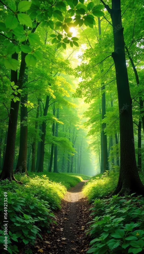 Obraz premium Lush green forest canopy, sunlight dappling through leaves, vibrant springtime foliage, peaceful woodland scene Perfect for environmental, nature, and ecological themes , light, forest, color