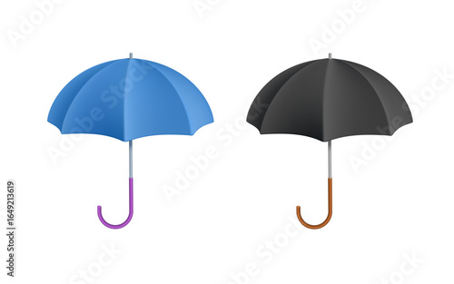 Collection of open umbrellas in black and blue colors with handles. Vector illustration.