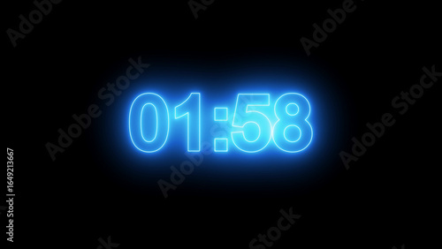 Neon blue digital timer showing 01:58 on black background