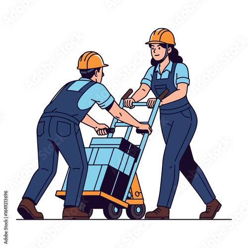 Warehouse Workers Moving: A collaborative scene showcasing a warehouse worker carefully maneuvering a loaded hand truck, emphasizing teamwork and logistics efficiency.