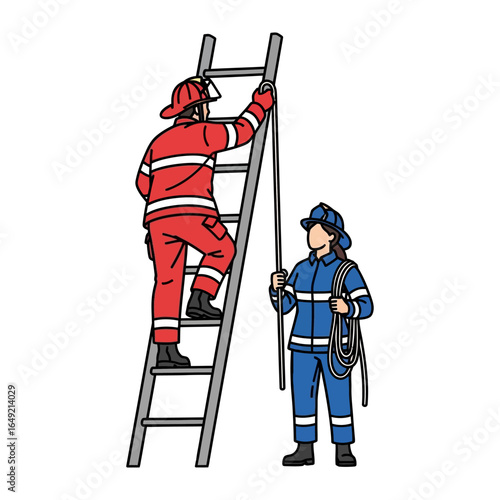 Firefighter Team: A dynamic duo of firefighters in action, demonstrating teamwork and preparedness, the image captures the essence of rescue and readiness.