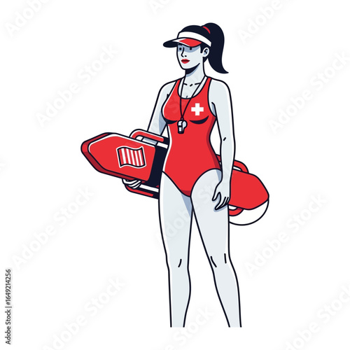 Dedicated Lifeguard: A vigilant lifeguard, embodying dedication, stands ready with essential rescue equipment, symbolizing safety and preparedness in a sun-kissed seaside environment.