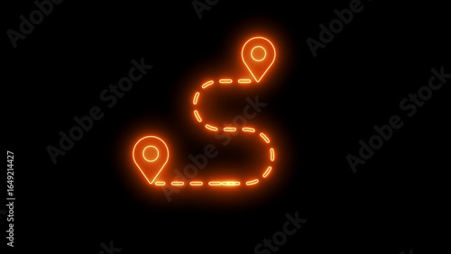 Orange neon route line with location pins on black background