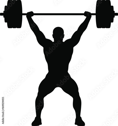 Silhouette of a weightlifter lifting a barbell overhead, isolated on white background